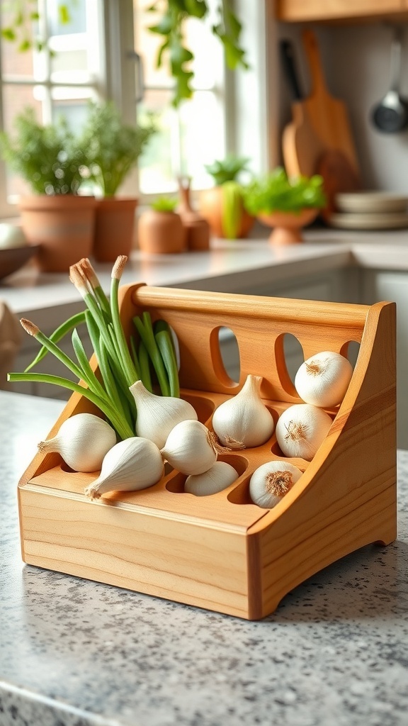Wooden organizer for onions and garlic on a kitchen counter, filled with fresh produce.